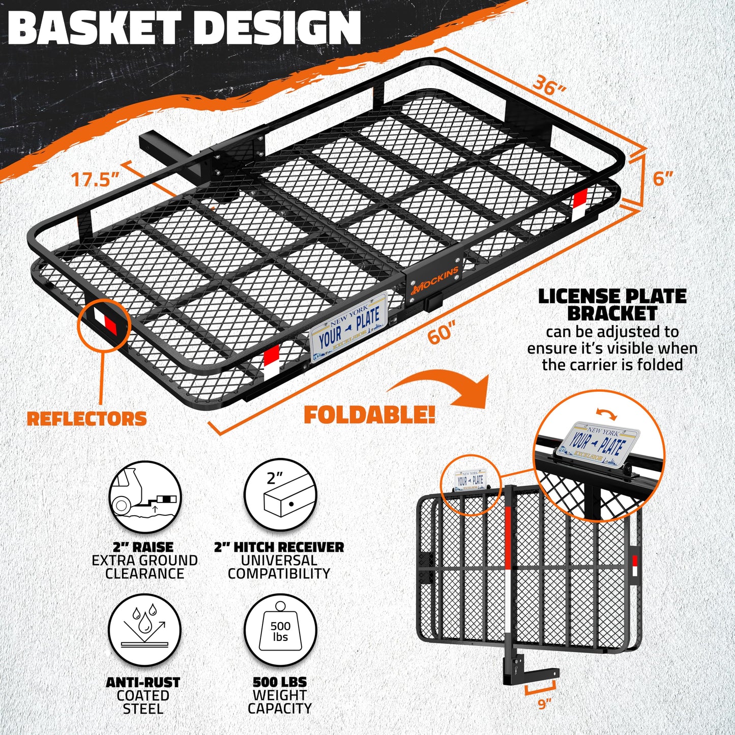 Mockins 60"x36"x6" XL Heavy Duty Trailer Hitch Cargo Carrier w/ 500Lbs. Cap