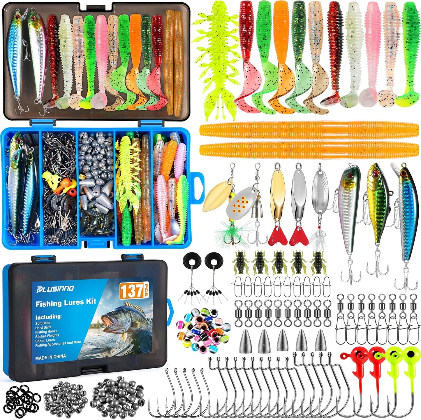 PLUSINNO Fishing Lures - 137-Piece Tackle Box with Crankbaits, Hooks & Weights - Ideal Gift for Men