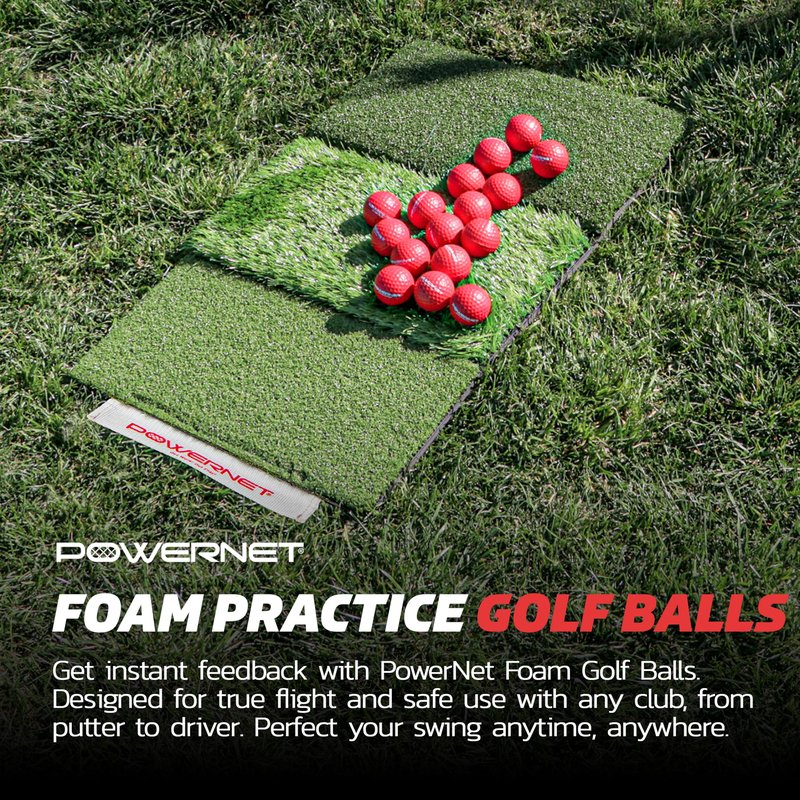 PowerNet Foam Golf Balls & Tri-Turf Mat Bundle, Portable 25" x 16" Hitting Space, Golfing Accessories Training Aid to Improve Swings, 16-Pack Training Balls & Artificial Grass Practice Mat