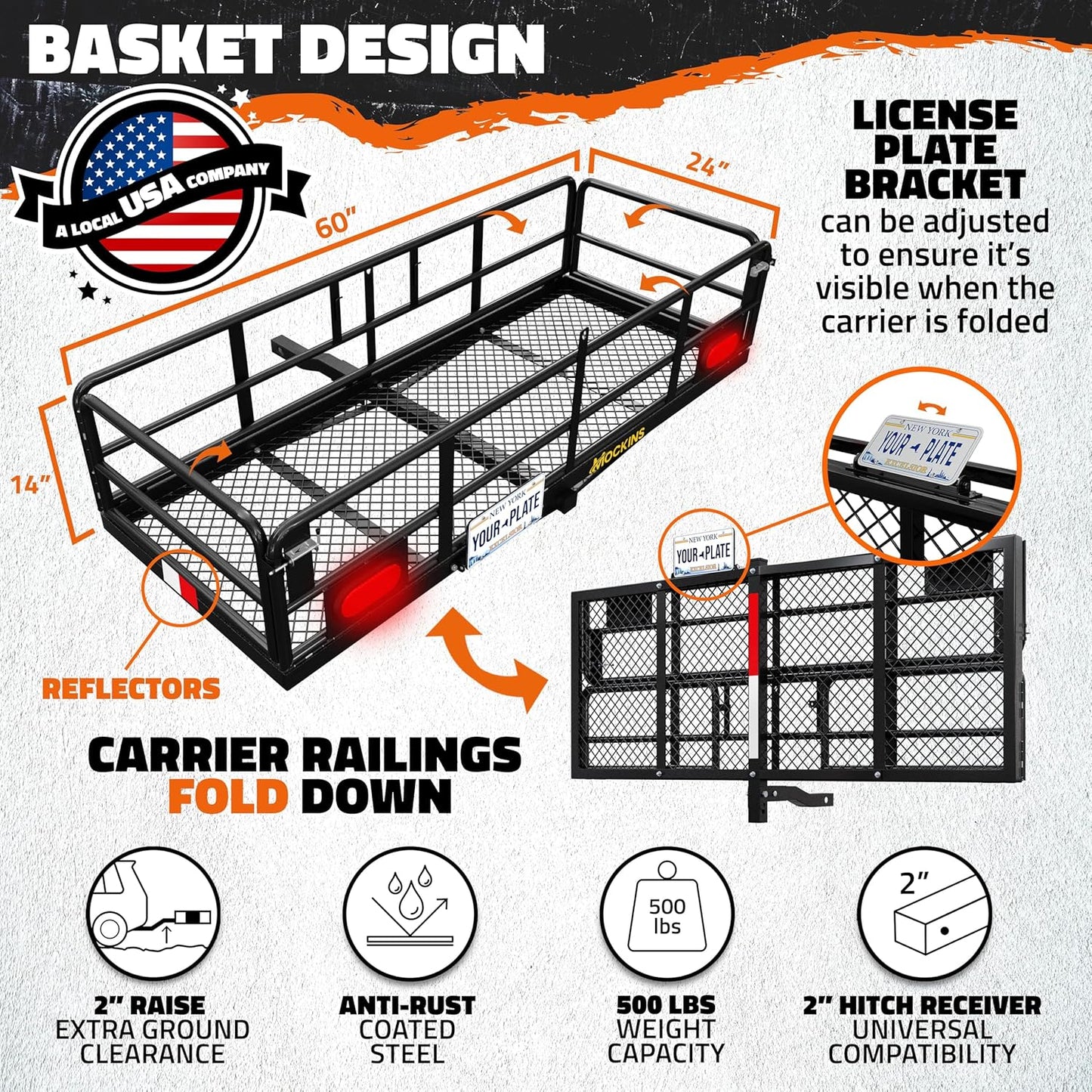 Mockins 60"x24"x14" High Rail Car Trailer Hitch Cargo Carrier w/Rear Lights, Plate Bracket & 30 CuFt Waterproof Hitch Cargo Bag | 500 Lbs. Cap Weatherproof Folding Luggage Rack for SUV Car Truck & RV