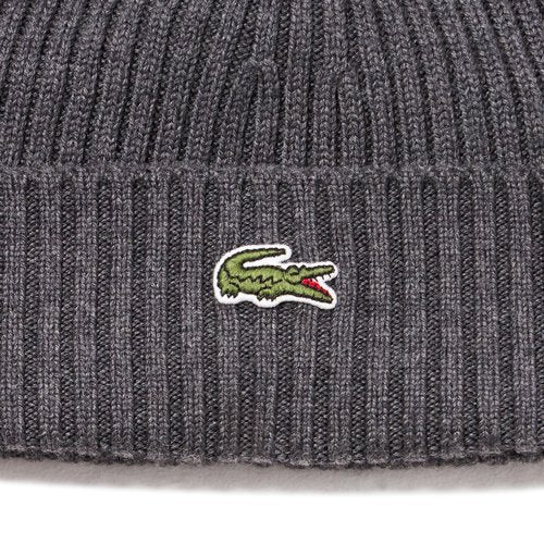 Lacoste Unisex Rib Knit Brushed Wool Beanie, Grey Chine, One Size