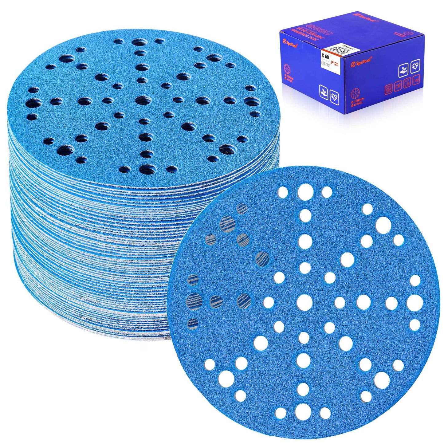 SpeTool 6 Inch Sanding Discs, 49 Hole Hook and Loop Sandpaper 60 Pack Compatible for Random Orbital Sander, Stearate Anti-Clog Coating with 120 Grit Ceramic Aluminum Oxide Abrasives for Sanding Chore