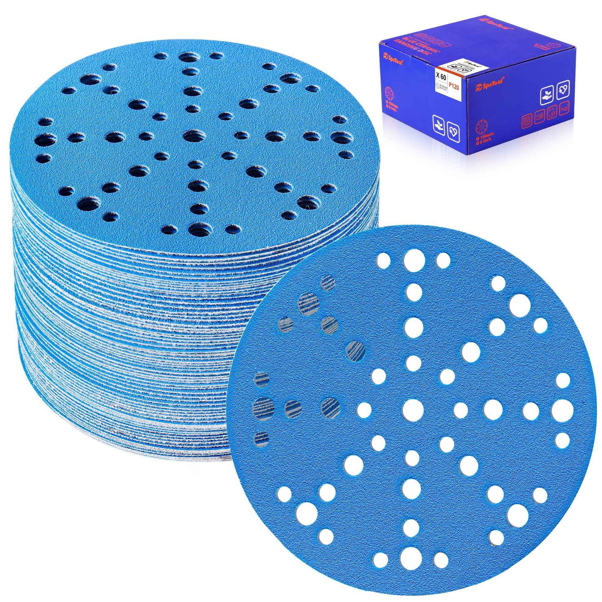 SpeTool 6 Inch Sanding Discs, 49 Hole Hook and Loop Sandpaper 60 Pack Compatible for Random Orbital Sander, Stearate Anti-Clog Coating with 120 Grit Ceramic Aluminum Oxide Abrasives for Sanding Chore