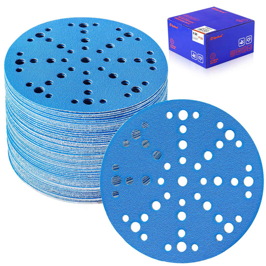 SpeTool 6 Inch Sanding Discs, 49 Hole Hook and Loop Sandpaper 60 Pack Compatible for Random Orbital Sander, Stearate Anti-Clog Coating with 120 Grit Ceramic Aluminum Oxide Abrasives for Sanding Chore