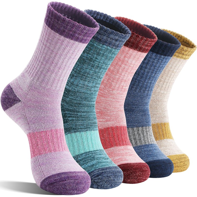 SAVALOS Merino Wool Hiking Socks for Women Thermal Warm Winter Cozy Work Crew Gifts Socks 5 Pairs Stocking Stuffers (Assorted A,L)