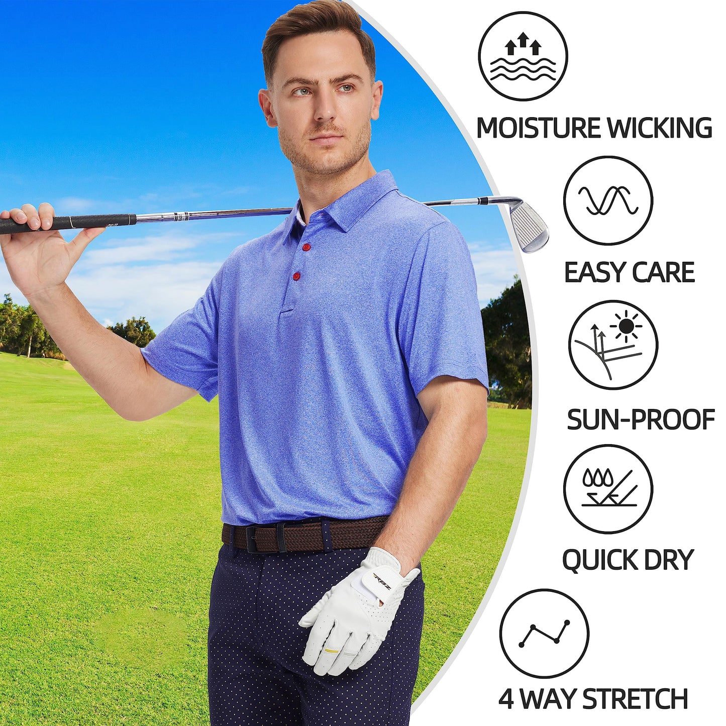 Golf Shirts for Men Dry Fit Performance Casual Collared Mens Golf Polo Shirts Moisture Wicking 4 Way Stretch Polo Shirts for Men Short Sleeve Polo Shirts, M Blue