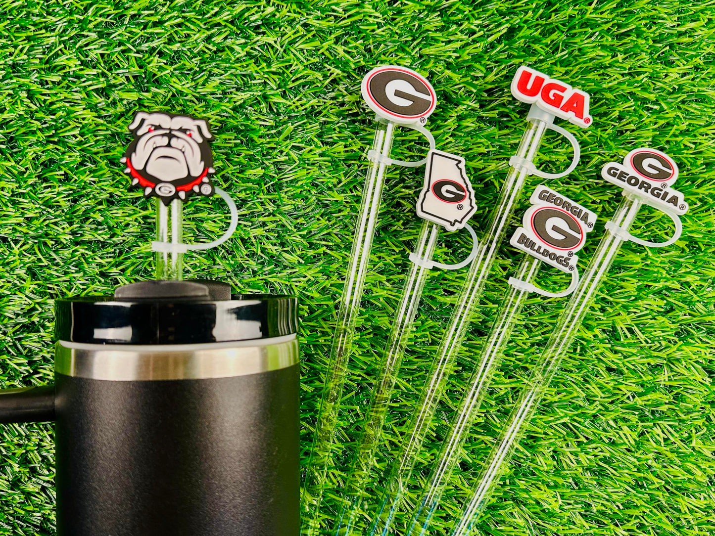 6 Georgia Bulldogs Straw Covers (10 millimeter) UGA Football Fan Merchandise Fits Large 40 oz Stanley Size Water Bottles (10 mm) (Georgia Bulldogs)