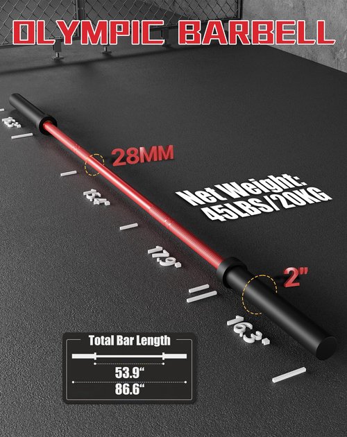 7 ft Barbell Bar, 44 lbs Weight Lifting Bar with 1500 Load Weight Capacity, Fits 2" Plates for Home Gym Powerlifting, Squat, Deadlift, Bench Press & Overhead Press, Red Black