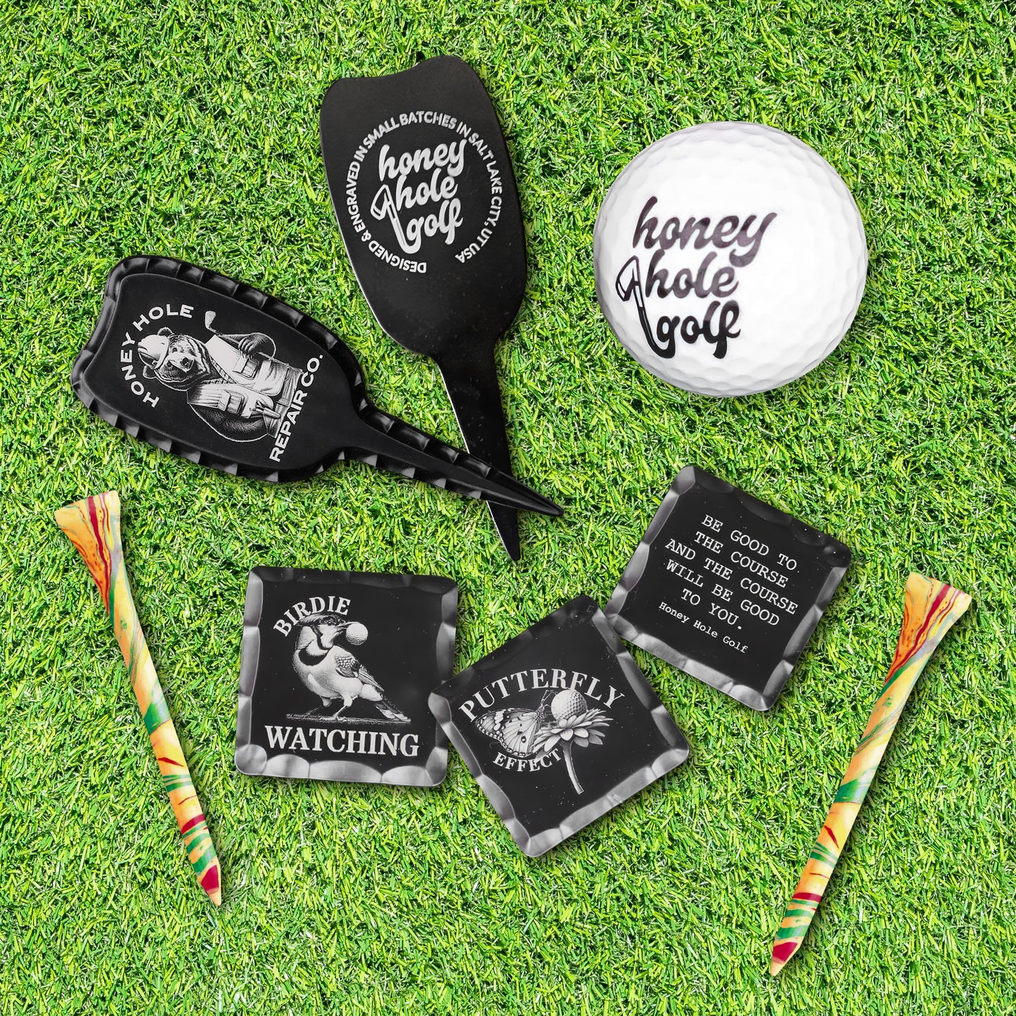 Honey Hole Golf Pro Grade Golf Ball Marker with Felt Bag – Sealed with Gear Hugger Rust Protector - Scratch Resistant Finish - Designed & Engraved in The USA – Lifetime Protection (Help The Holeless)