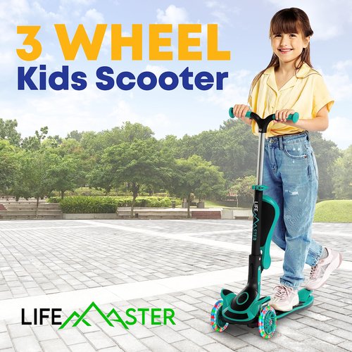 3 Wheel Scooter for Kids with Foldable Seat, Adjustable Handlebar Height, Lean-to-Steer Ride On Toy for Kids Ages 2+, Light-Up LED Wheels, Wide Anti Slip Deck, Indoor & Outdoor Use, Teal