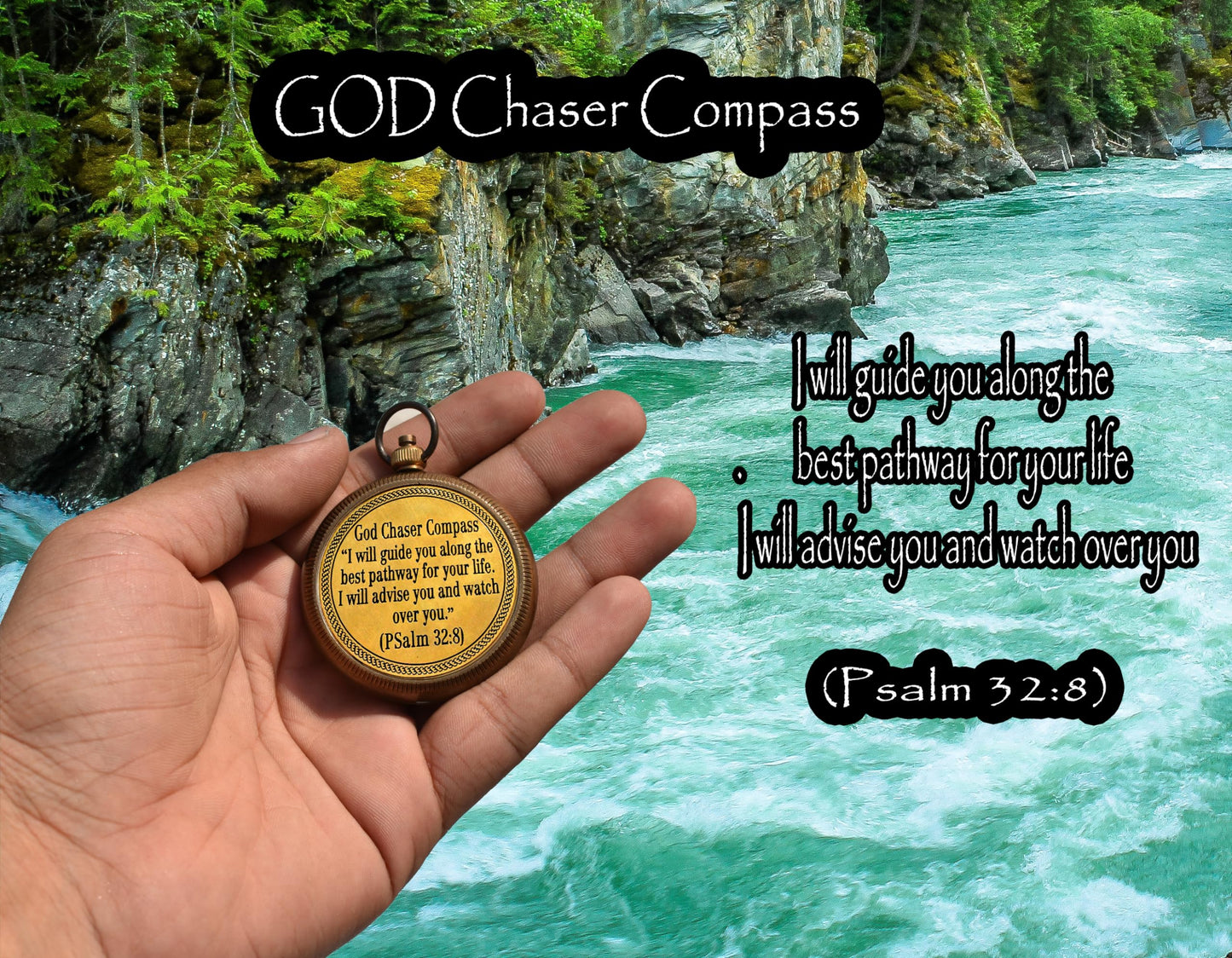 Christian Brass Compass (Psalm 32:8) with Display Box - Engraved Scripture Prayer Compass for Men & Women - Baptism, Confirmation, Communion & Graduation Gift