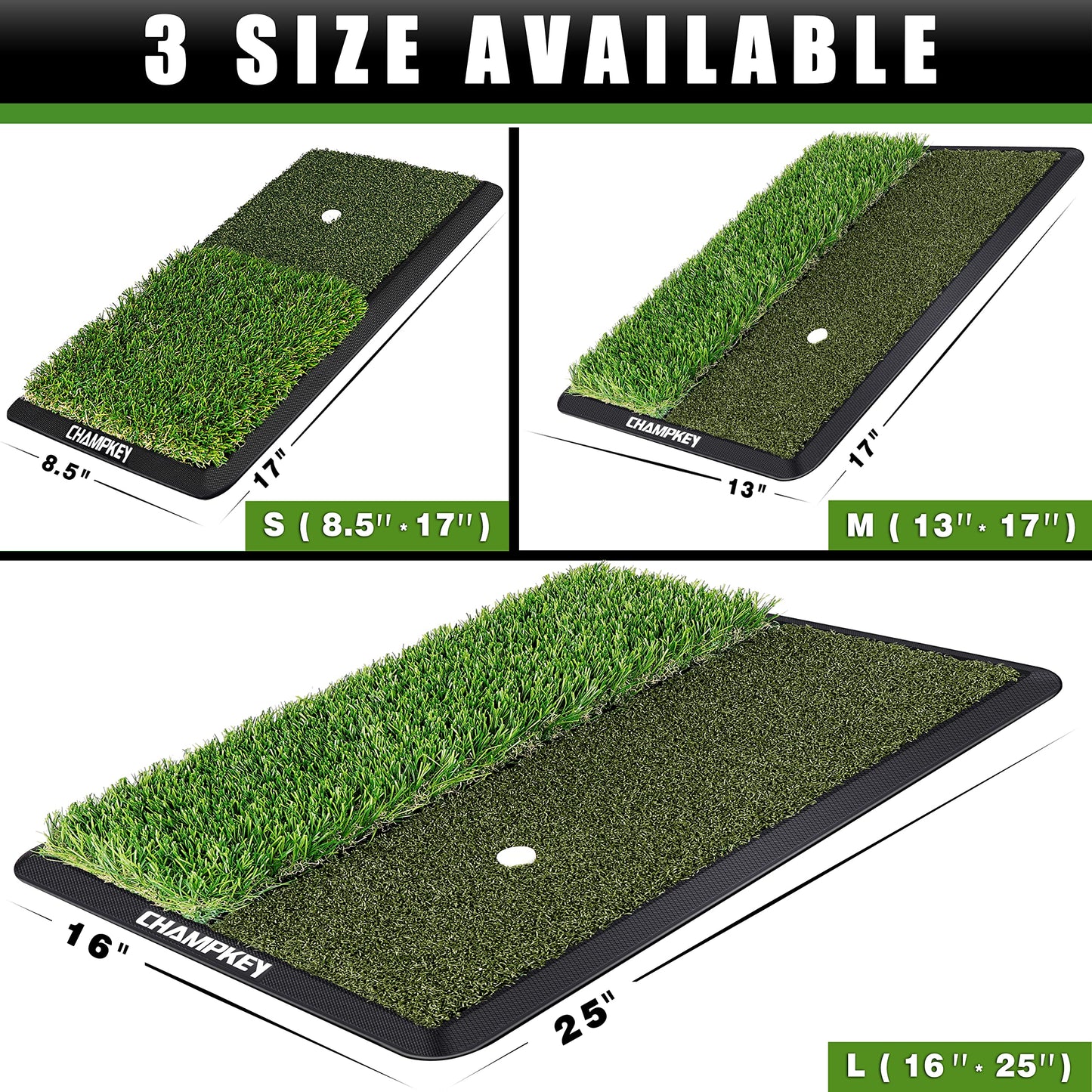 CHAMPKEY Dual-Turf Golf Hitting Mat | Come with 9 Golf Tees & 1 Rubber Tee | Heavy Duty Rubber Backing Golf Practice Mat Ideal for Indoor & Outdoor Training（13"x17", PRO Version）