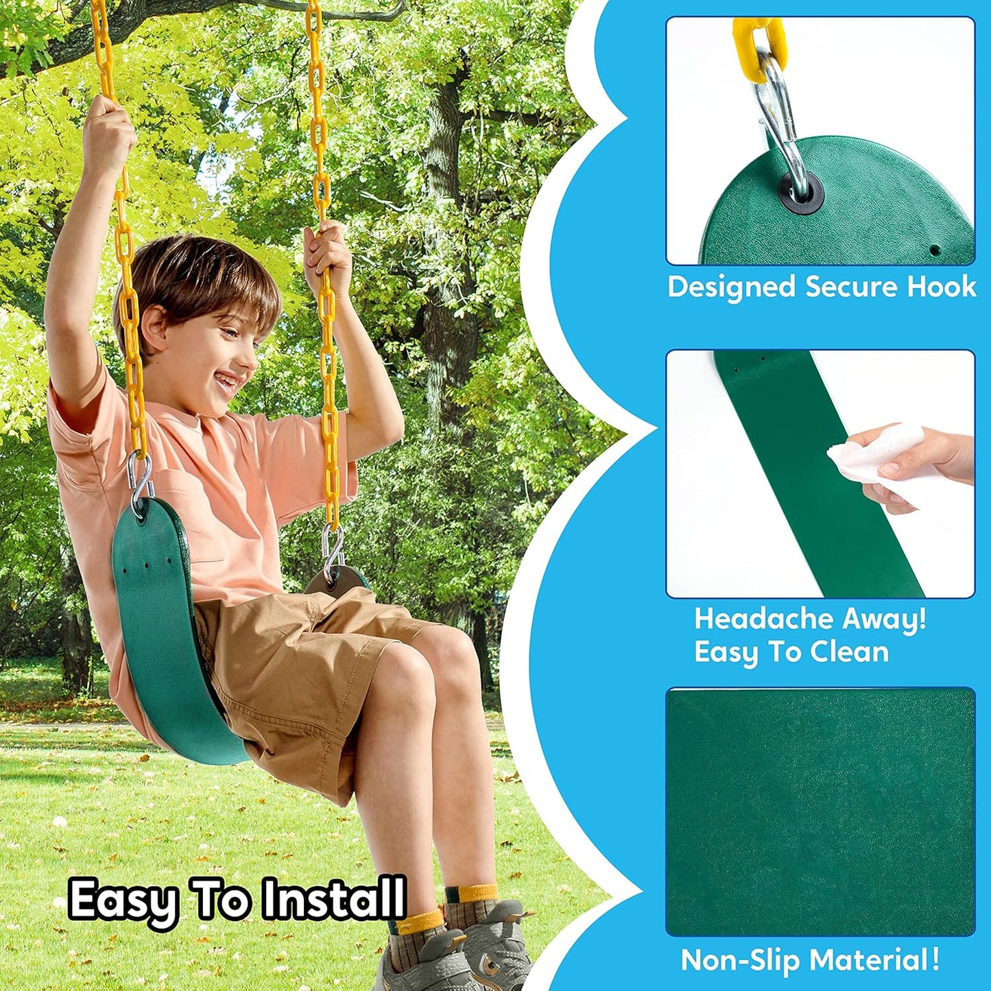 TURFEE Heavy Duty Swing Seat - Green Color with 66” Chain & Snap Hooks for Kids Outdoor Play