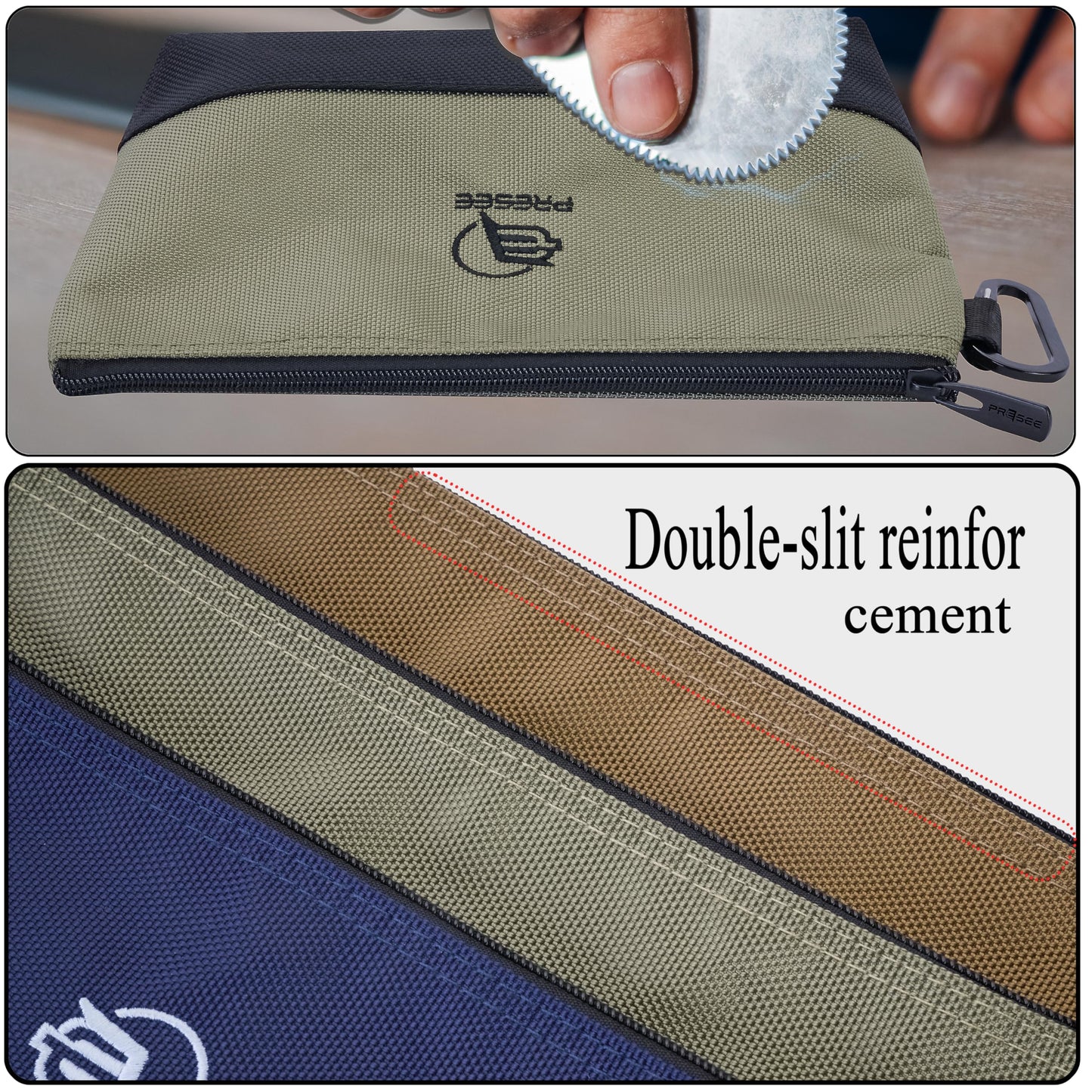 Tool Pouch Zipper Small Tool Pouches Organizer Bag with Metal Carabiner, Nylon 1680D Heavy Duty for Wrenches, Screwdrivers, Pliers, Pack of 2, Green Khaki, 10.5 Inch