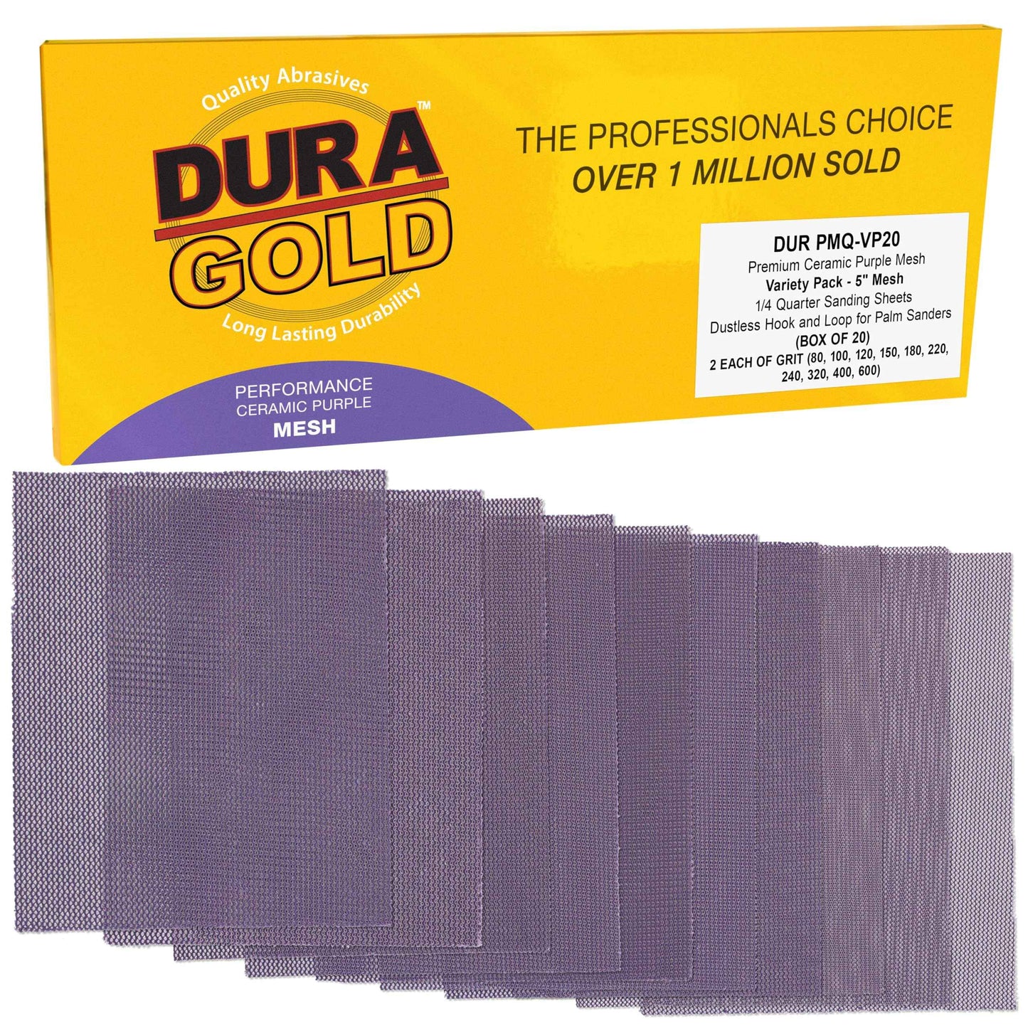 Dura-Gold Premium 1/4 Sheet Size Purple Ceramic Mesh Sandpaper, 20 Sheet Variety Pack, Grits 80, 100, 120, 150, 180, 220, 240, 320, 400, 600 - Dustless Hook & Loop Backing, Palm Sanders, Sanding Block