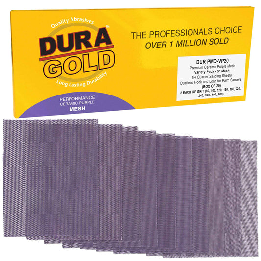 Dura-Gold Premium 1/4 Sheet Size Purple Ceramic Mesh Sandpaper, 20 Sheet Variety Pack, Grits 80, 100, 120, 150, 180, 220, 240, 320, 400, 600 - Dustless Hook & Loop Backing, Palm Sanders, Sanding Block