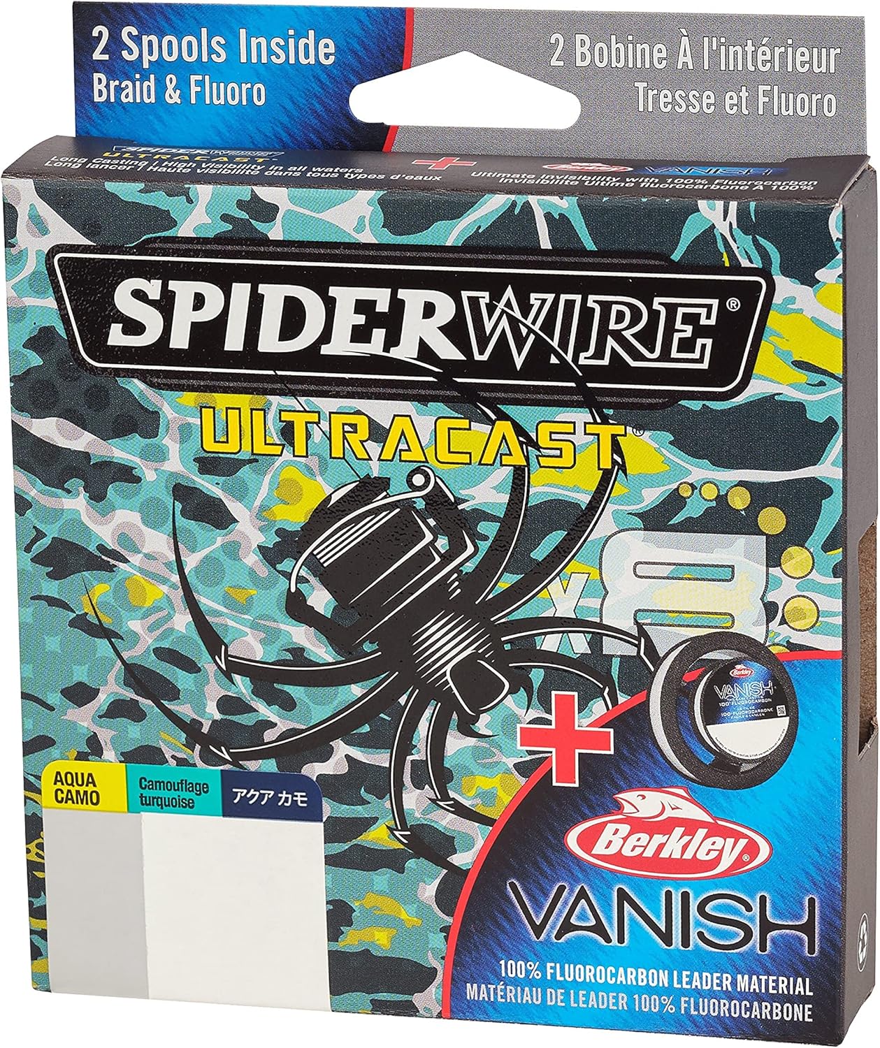 SpiderWire Ultracast Braid Vanish Fluorocarbon Dual Spool, 10lb Aqua Camo Braid with 20lb Clear Fluoro Leader