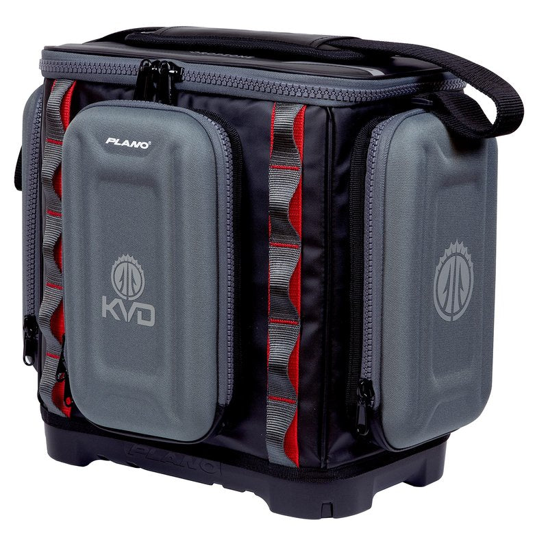 Plano KVD 3600 Signature Series Tackle Bag, Black with Red Stitching, Includes 3 Stowaway Utility Boxes, Customizable Fishing Storage, Water-Resistant TPE Coated Fabric