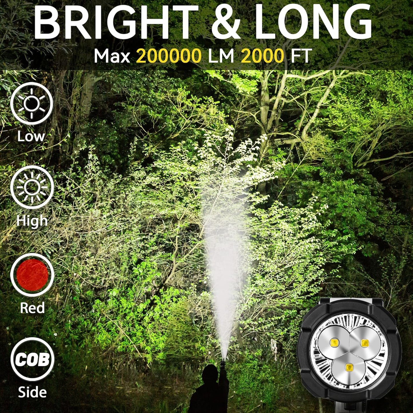 200000 Lumen Rechargeable Spotlight Flashlight - Super Bright LED Handheld Light for Hunting, Boating & Camping