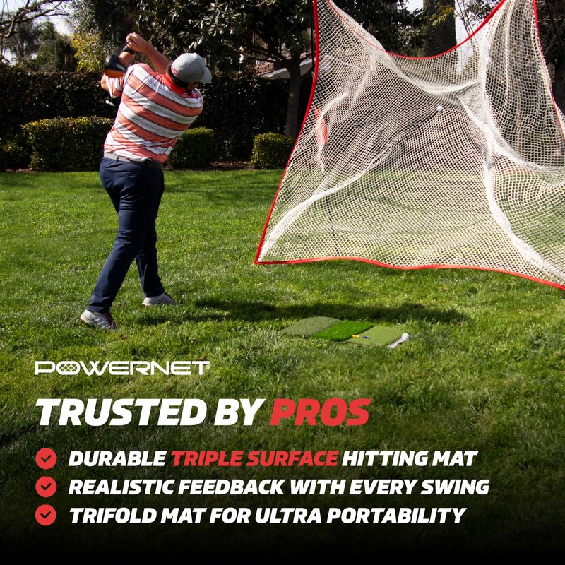 PowerNet Tri-Turf Golf Hitting Mat, Artificial Grass Practice Mat, 25" x 16" Hitting Space, Golfing Accessories Training Aid to Improve Swings