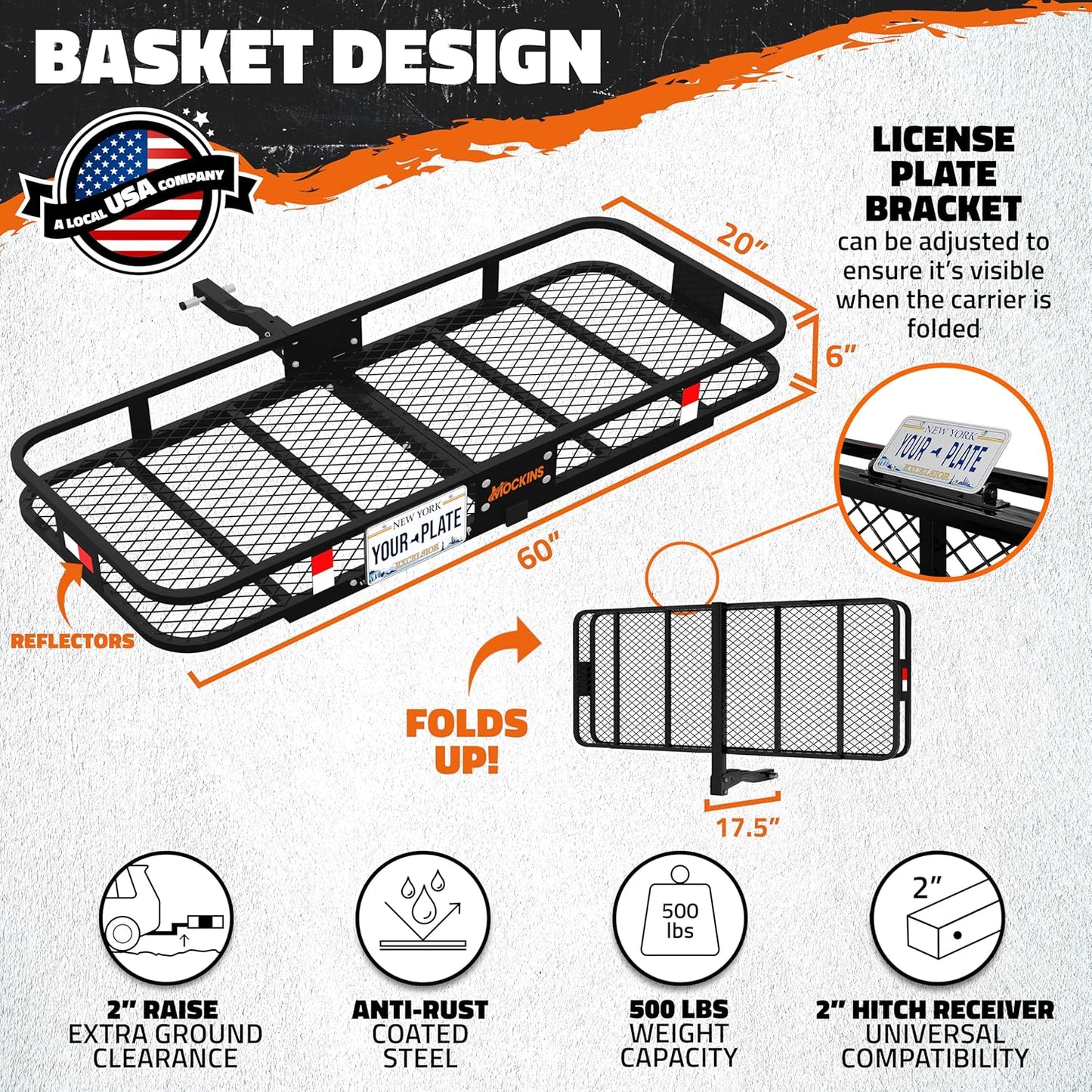 Mockins Folding Luggage Rack - 500 lb Capacity Steel Cargo Carrier for SUV/Truck | 60"x20"x6" with Waterproof Cargo Bag