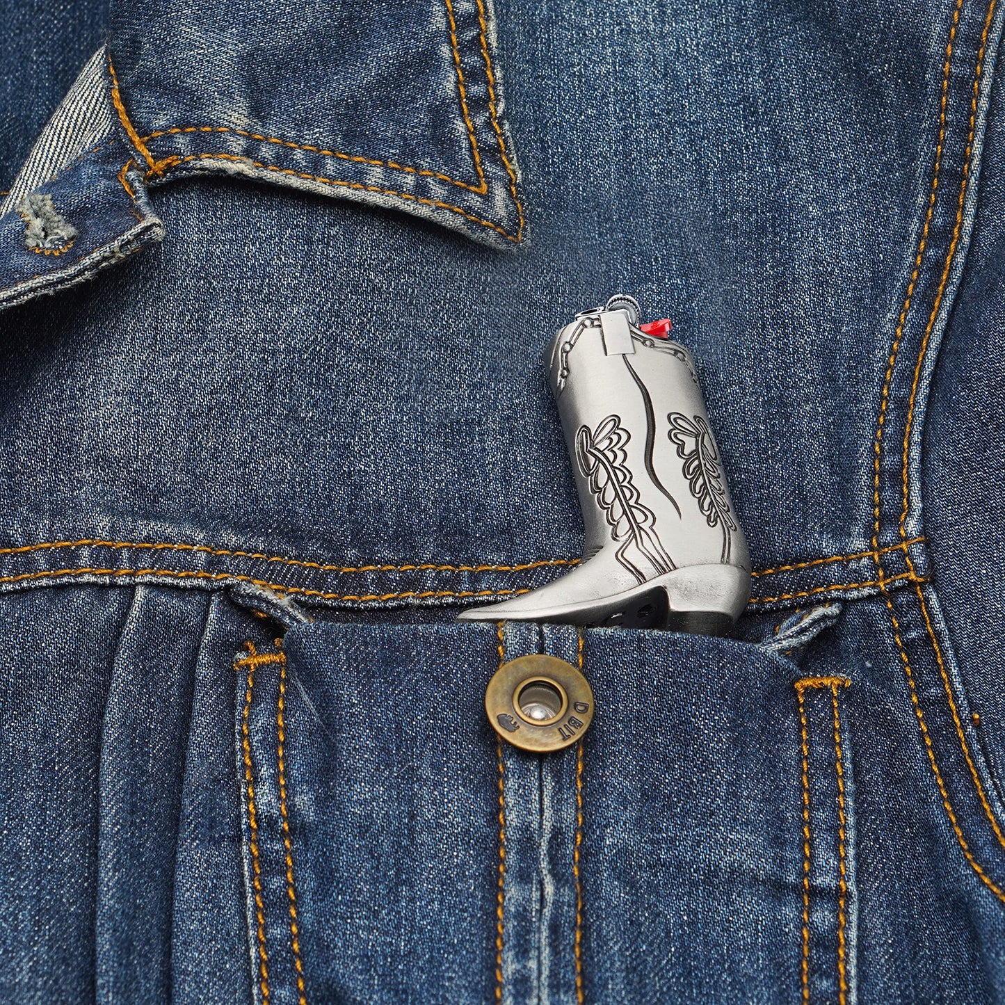 Cowboy Boot Lighter Case Silver Metal by HMC - for Mini Bic J5 - Stylish Design Lighter Sleeve Cover, Ideal for Home Or Everyday Carry