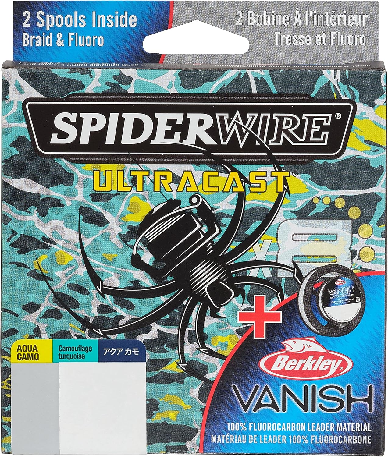 SpiderWire Ultracast Braid Vanish Fluorocarbon Dual Spool, 10lb Aqua Camo Braid with 20lb Clear Fluoro Leader