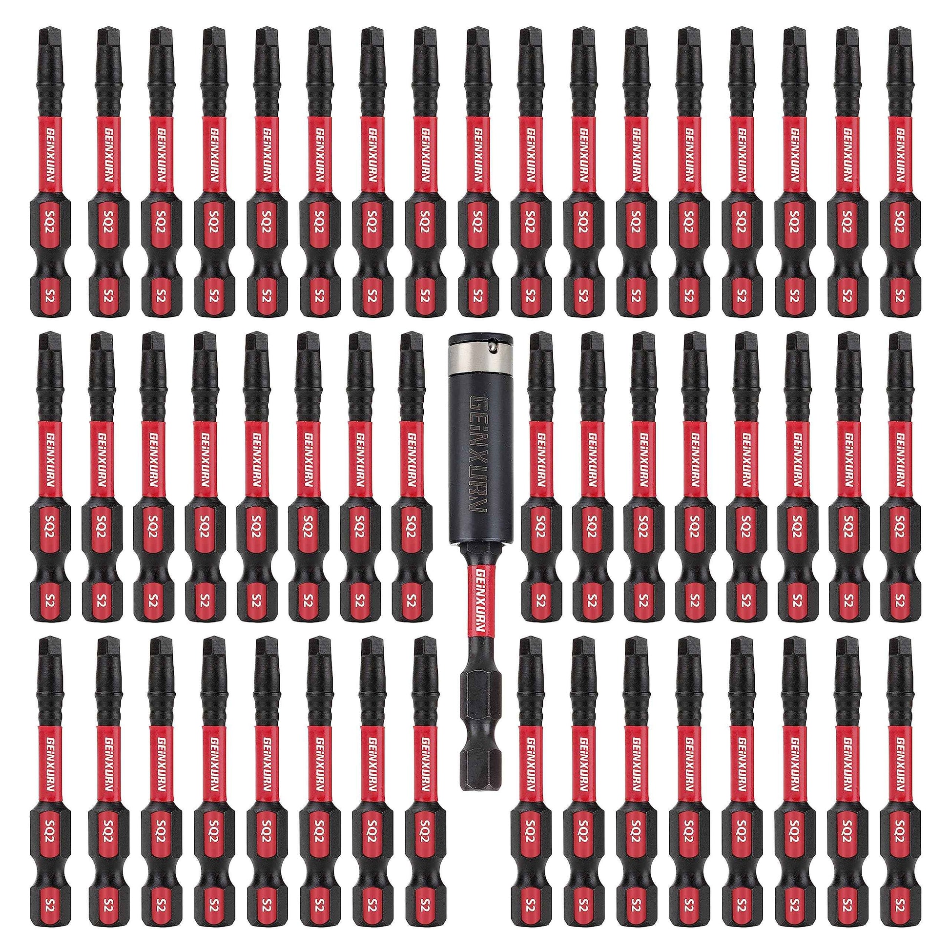 GEINXURN Impact Tough #2 Square 2 in. Insert Driver Bits,50Pack SQ2 Screwdriver Bits Set 2”Long with 1Pcs Impact Bit Holder,Bulk