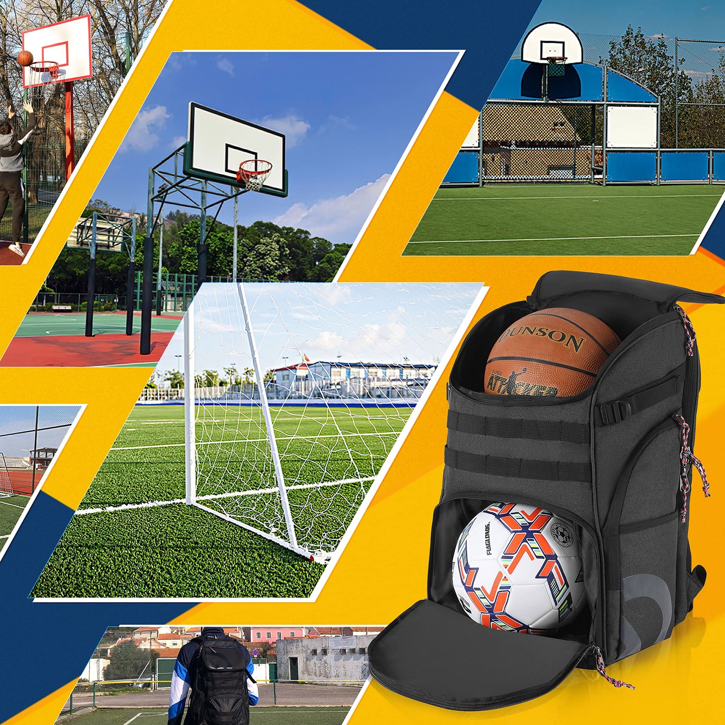 TRAILKICKER Basketball Bag Backpack with Ball Holder Multi-Sport Backpack for Soccer Volleyball Football Baseball Helmet (TK2-Black, Large)