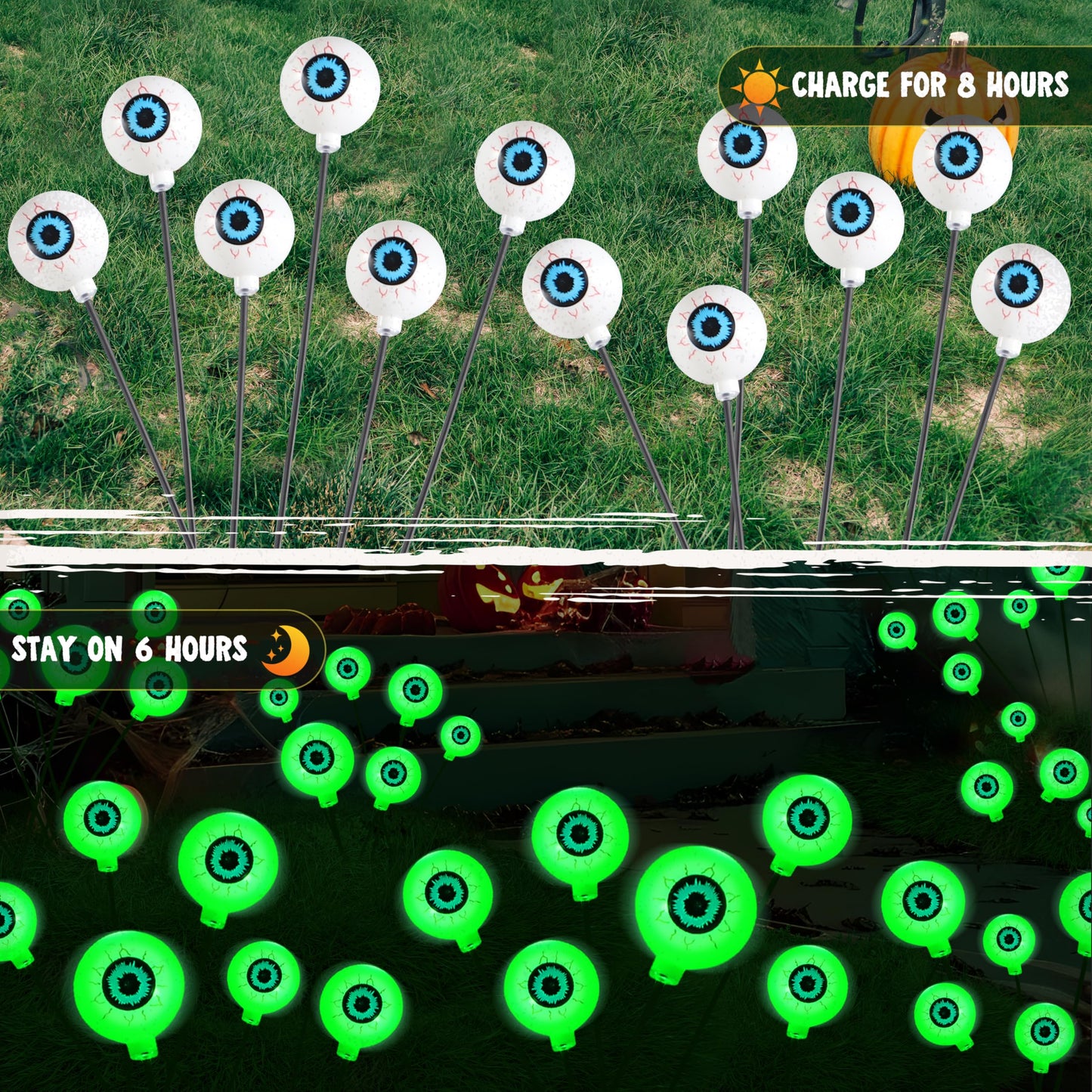 JOYIN Halloween Decorations Outdoor Solar Scary Eyeball Lights, 2 Pcs 12 LEDs Green Pathway Yard Stakes, Waterproof Firefly Lights for Halloween Graveyard Yard Garden Patio Walkway Party