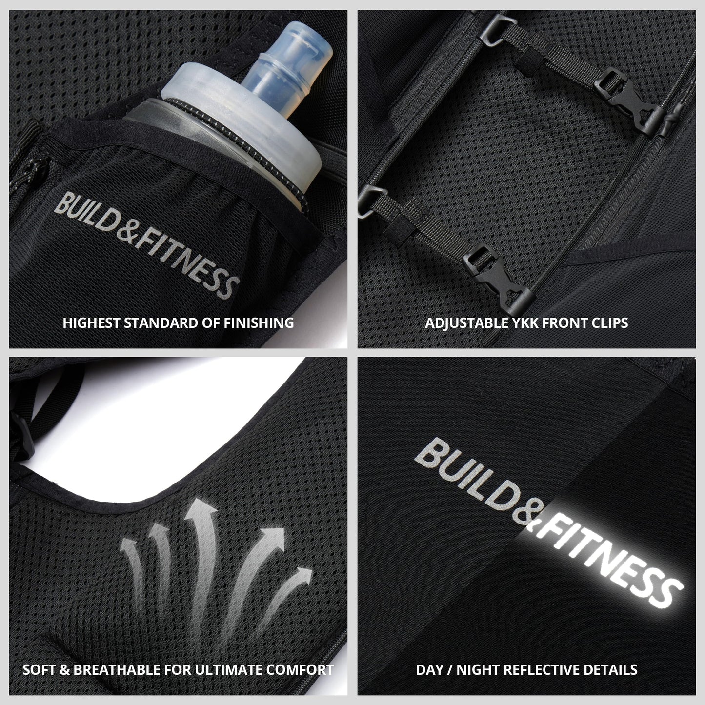 Build & Fitness LITEVEST Running Vest with 2X 500ml Soft Flasks – 7 Pockets, Lightweight, Breathable Hydration Vest – Premium, Secure, Comfort & Style for Training, Trails, Marathons & Everyday Runs