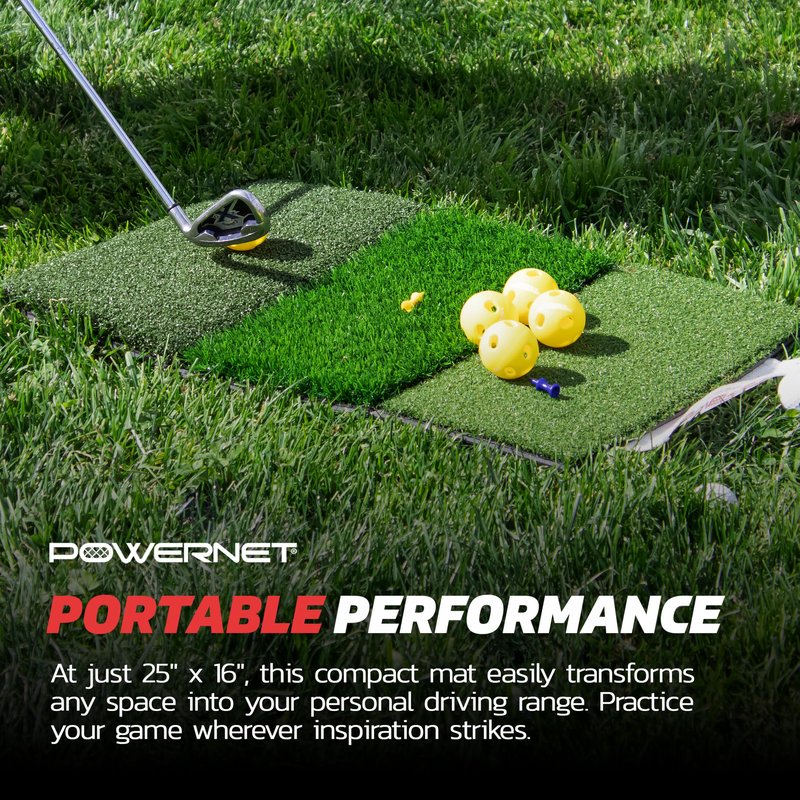 PowerNet Tri-Turf Golf Hitting Mat, Artificial Grass Practice Mat, 25" x 16" Hitting Space, Golfing Accessories Training Aid to Improve Swings