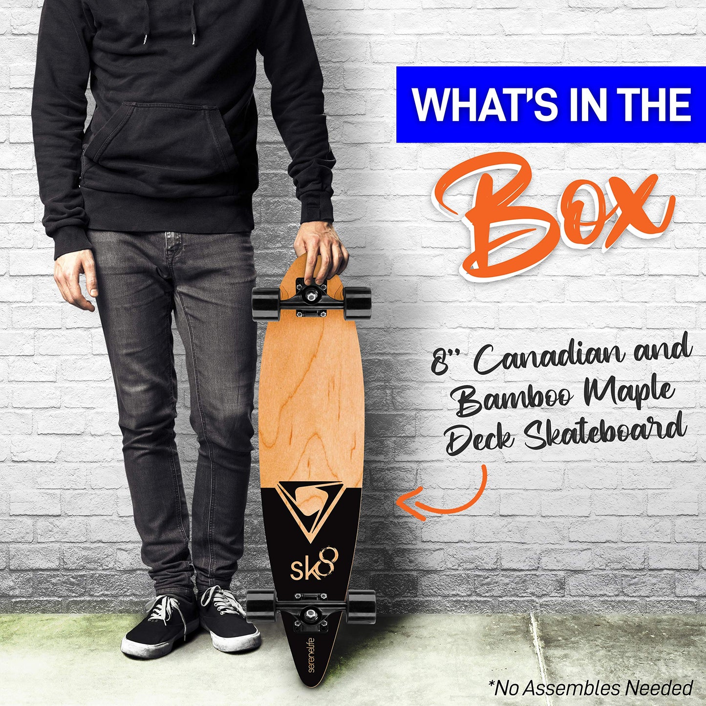 SereneLife Mini Cruiser Skateboard for Kids, Teens and Adults, Flat Concave Design with Non Slip Black Grip Tape, Durable Ply Deck, 44x10x4 in, Canadian and Bamboo Maple Deck (Black)