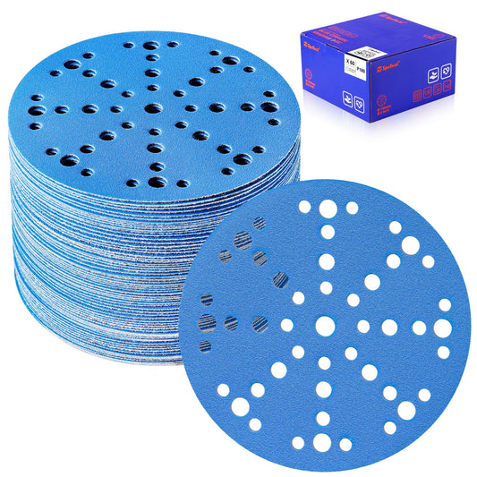 SpeTool 6 Inch Sanding Discs, 49 Hole Hook and Loop Sandpaper 60 Pack Compatible for Random Orbital Sander, Stearate Anti-Clog Coating with 180 Grit Ceramic Aluminum Oxide Abrasives for Sanding Chore