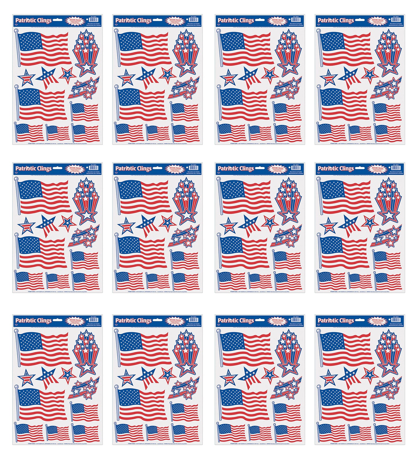 Beistle Patriotic Clings 12 Piece, 12" x 17", Red/White/Blue