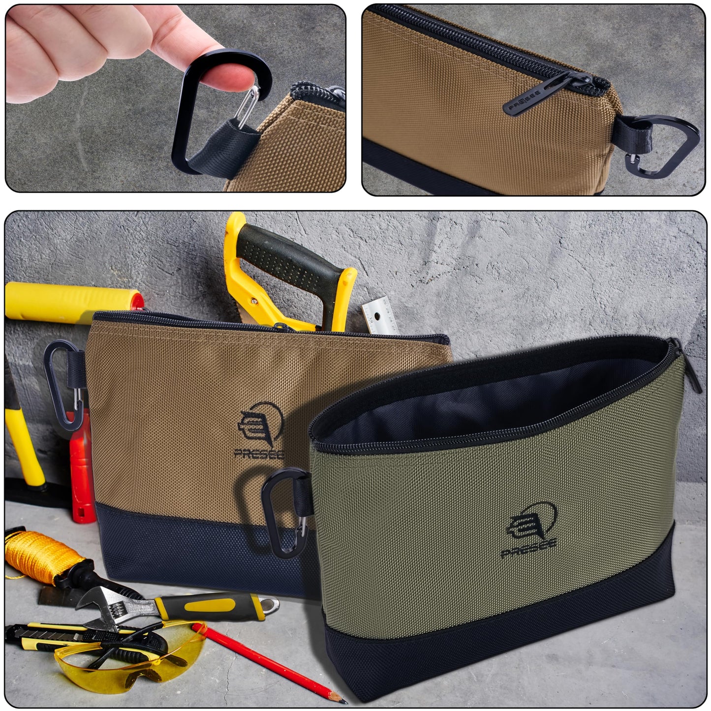 Tool Pouch Zipper Small Tool Pouches Organizer Bag with Metal Carabiner, Nylon 1680D Heavy Duty for Wrenches, Screwdrivers, Pliers, Pack of 2, Green Khaki, 10.5 Inch