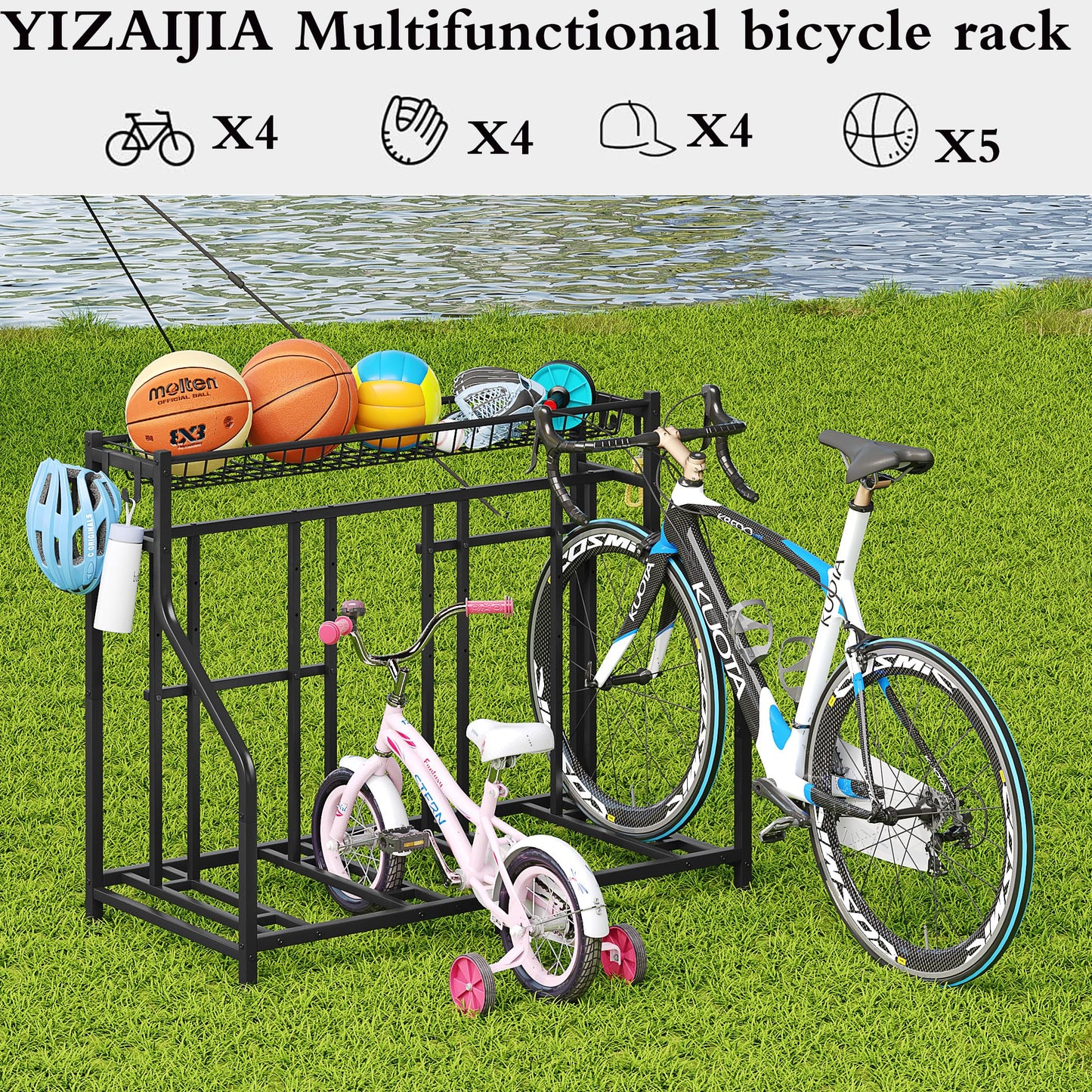 YIZAIJIA Bike Rack Storage Stand Organizer Floor Holds 4 Bicycle Parking Freestanding Adjustable Garage Indoor Outdoor Bike and Sports Storage Station, Black (4 Bike Stand)
