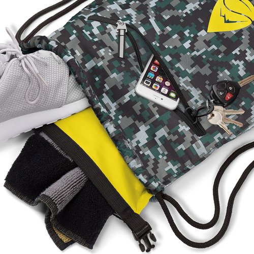 Skog Å Kust GymSak | Patented 2-in-1 Drawstring Cinch Bag with Removable Waterproof Dry Bag | Camo & Yellow